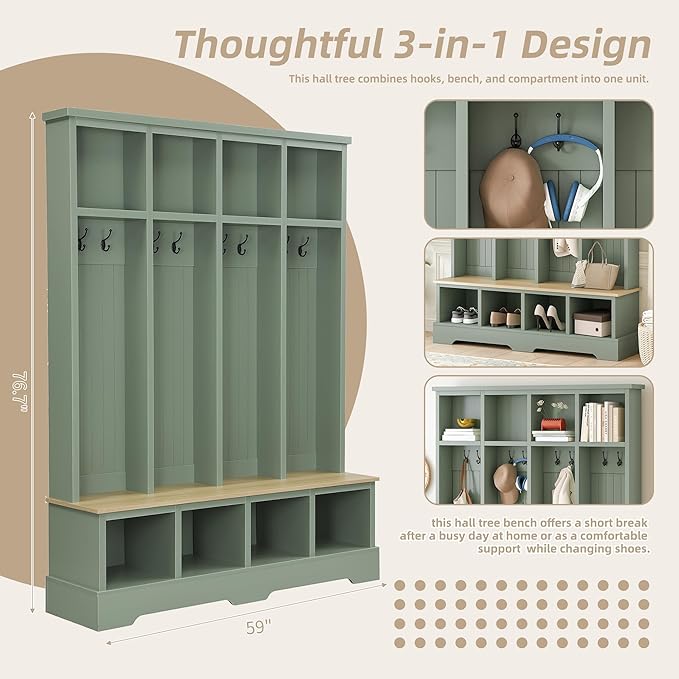 Farmhouse 59" Wide Hall Tree with 8 Hanging Hooks, Wood Grain Bench with Open Compartments, 76.7" H Entryway Shoe Rack Coat Hanger for Living Room Mudroom Hallway (Green-8.26)