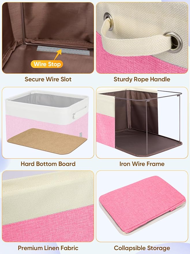 BALEINE 3 Pack Fabric Storage Bins for Shelves, Linen Storage Baskets for Organizing, Decorative Closet Bins for Clothes, Home (Pink, 15''x11''x9.5'')