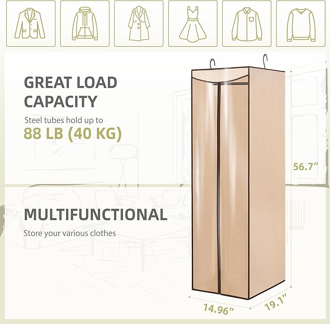 Garment Bags for Hanging Clothes Storage, Long Garment Cover with Zippered Clear Window for Closet Wardrobe Clothes Rack Organizer, Hanging Garment Bags for Dresses, Suits, 2 Pack, Beige