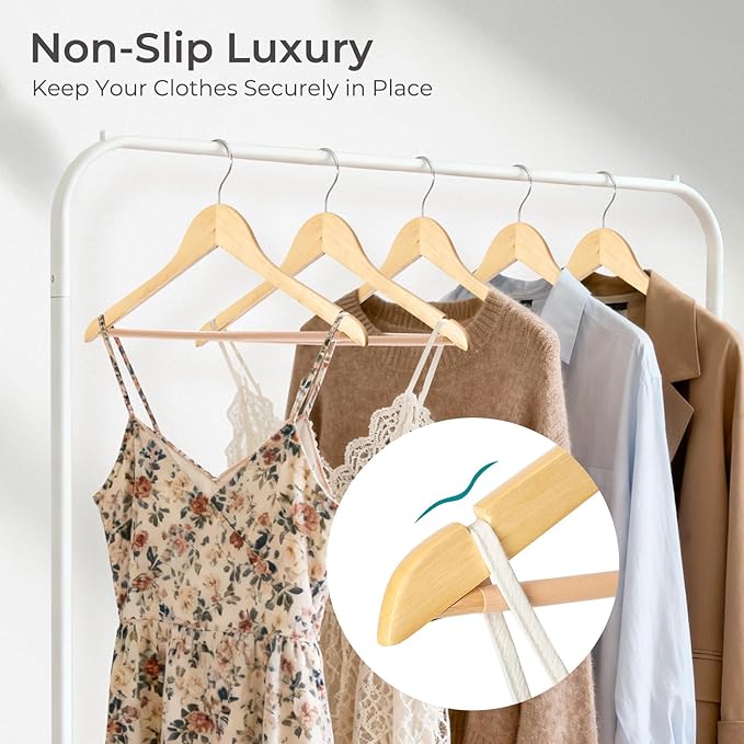HOUSE DAY Premium Wooden Coat Hangers 20 Pack, Heavy Duty Solid Wood Clothes Hangers with 360° Swivel Hook & Pant Bar for Jackets, Dress, Shirts, Natural Wood Suit Hanger for Closet Organizer