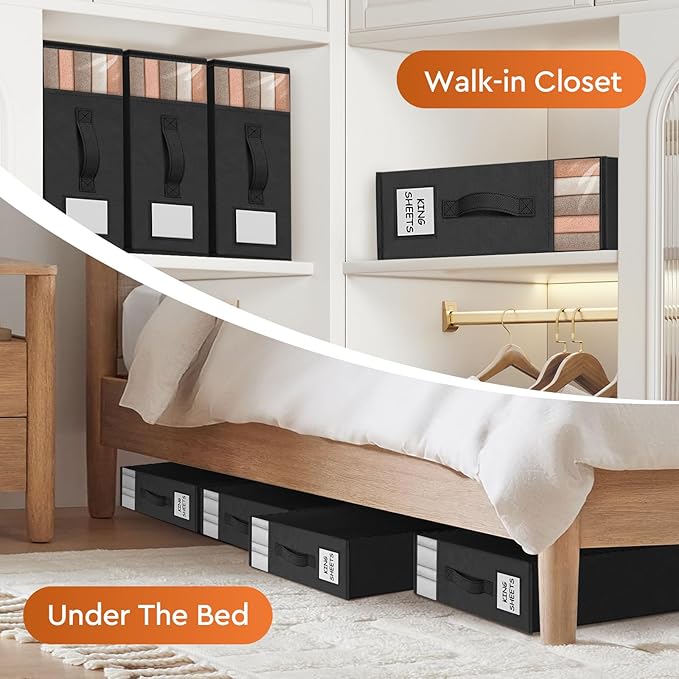 2 Pack Bed Sheet Closet Organizers and Storage,Sturdy Foldable Storage Containers with Window and Label,Storage and Organization for Bedding Sheets,Duvet Covers,Blankets (Black)