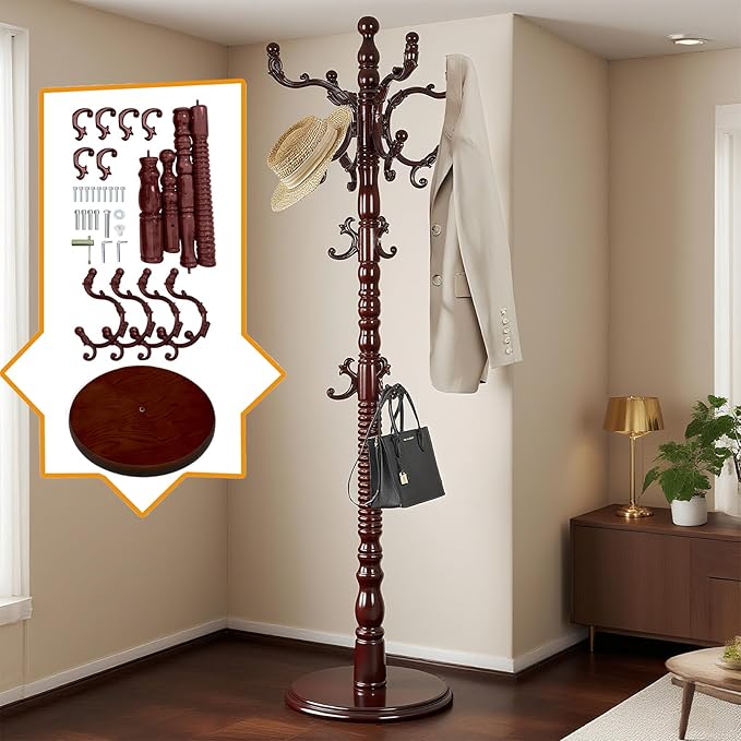 Free Standing Coat Rack with 14 Hooks, Vintage Wooden Coat Tree, Adjustable Height 73 Inches, Retro Coat Stand for Entryway, Living Room, Office & Bedroom (Mahogany) (Walnut, 1 PCS)
