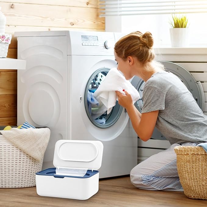 Dryer Sheet Holder, Laundry Dryer Sheet Container With Lid Dryer Sheet Dispenser Organizer Basket, Fabric Softener Sheet Storage Box for Laundry Room Washer Organization (Blue)