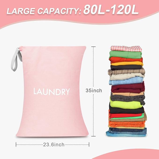 WiseBoy Laundry Bag, 23.6x35 inch Oversized Laundry Bags, Travel Laundry Bag Dirty Clothes Organizer, Nylon Wet Dry Storage Bag for College Dorm, Camping, Caravan, Pink
