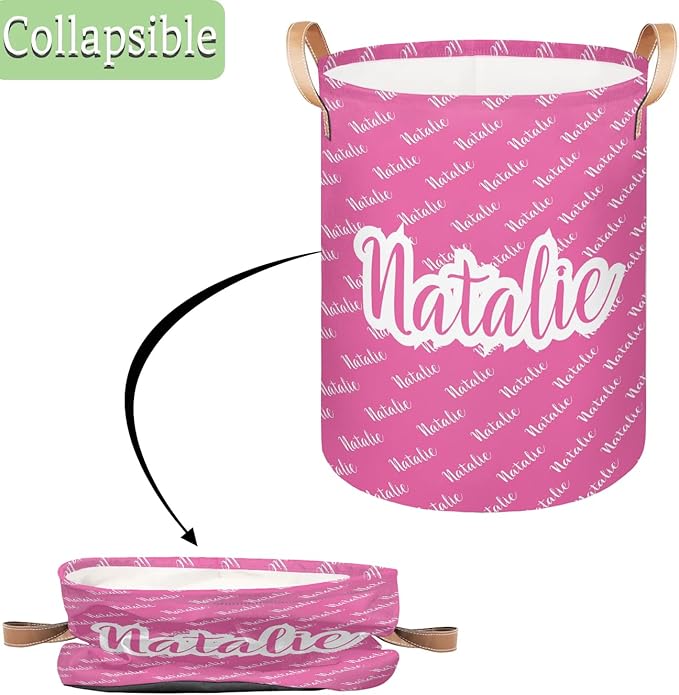 Personalized Laundry Basket, Custom Gift Laundry Hamper, Collapsible Nursery Waterproof Laundry Baskets, Dirty Clothes Toy Hamper with Handles Pink Name