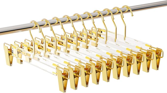 10 Pack Clear Acrylic Hangers with Adjustable Non-Slip Metal Clips, Gold Pants Hangers for Jeans, Trousers, Skirts, Coats, Heavy Duty, Space-Saving Closet Organizer, Adults & Kids