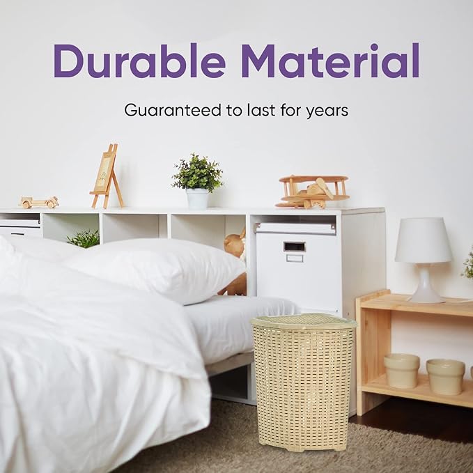 Plastic Corner Laundry Hamper with Lid, Curved Designed Laundry Basket, 2 Pack Triangle Beige Cloths Hamper Organizer with Cut-out Handles for Laundry Room Bedroom Bathroom, Wicker Design, 50 Liter