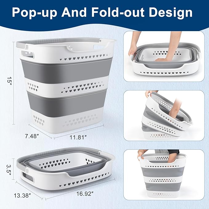 Collapsible Laundry Baskets Foldable Pop Up Laundry Hamper Plastic with Comfort Handles Folding Laundry Basket Space Saving Portable Dirty Clothes Hamper Storage Container/Organizer (Grey, 2 Packs)