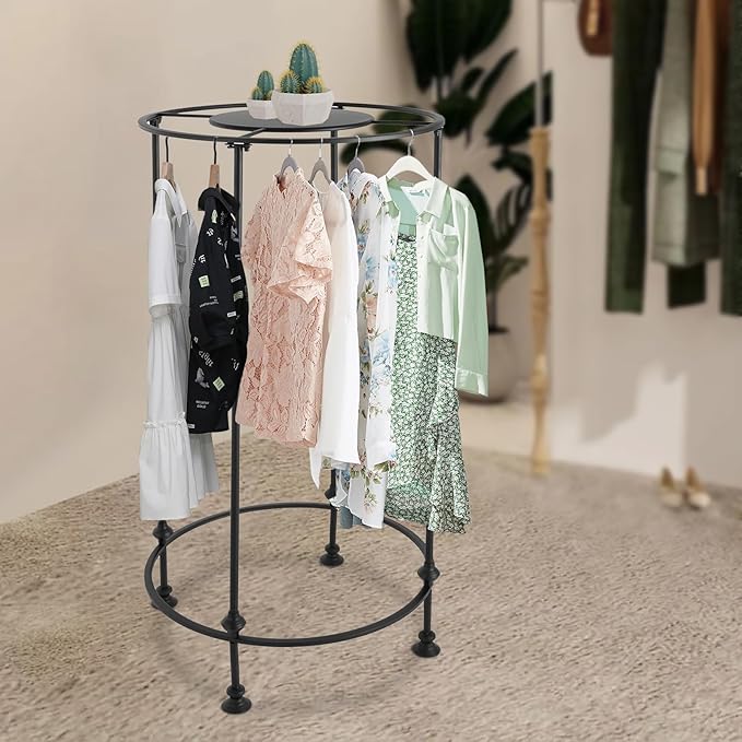YIYIBYUS Round Garment Rack, Floor Standing Iron clothes Hanging Rack with Topper, Suitable for Large Shopping Malls Retail, Clothes Boutique Display Laundry Rooms (Black)