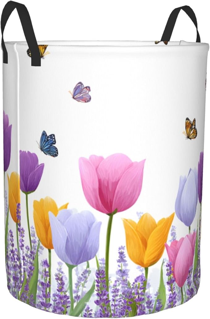 Floral Tulip Laundry Hamper, Collapsible Storage Basket with Handles for Clothes, Bedroom, Bathroom 19.6 x15.7 Inch