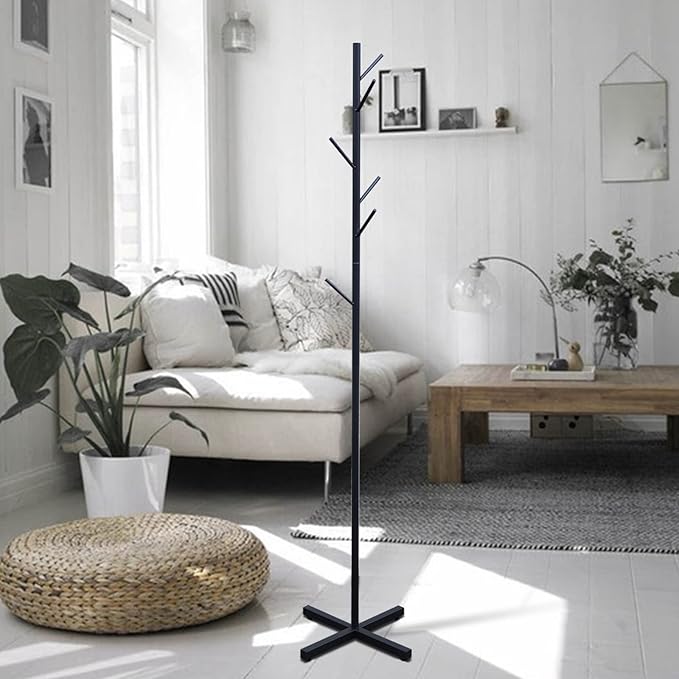 Coat Rack Standing, 67” Black Coat Rack with 7 Hooks Organizer Clothes Hanging Stand Metal Hanger Hat Rack for Bedroom Living Room Office