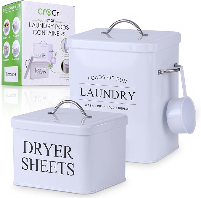 2 Pack Laundry Detergent Container and Dryer Sheet Holder Dispenser with hermetic seal,Farmhouse Laundry Room Organization Containers, Large Metal Laundry Detergent Powder Storage with Scoop
