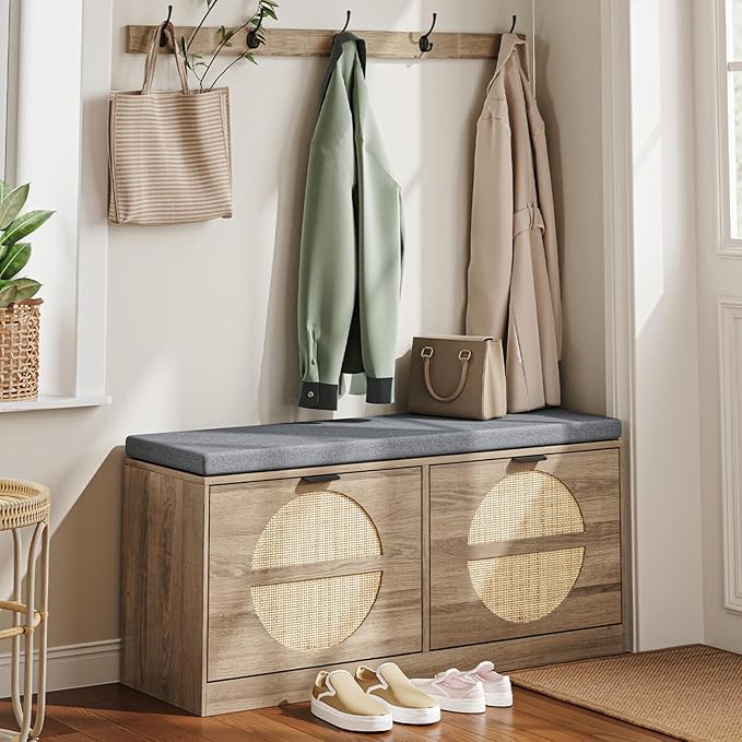 Rattan Storage Bench with Cushion & Coat Rack, Shoe Rack with 2 Flip Drawers, Narrow Shoe Storage Cabinet, Shoe Bench for Entryway, Living Room, Rustic Oak, Round