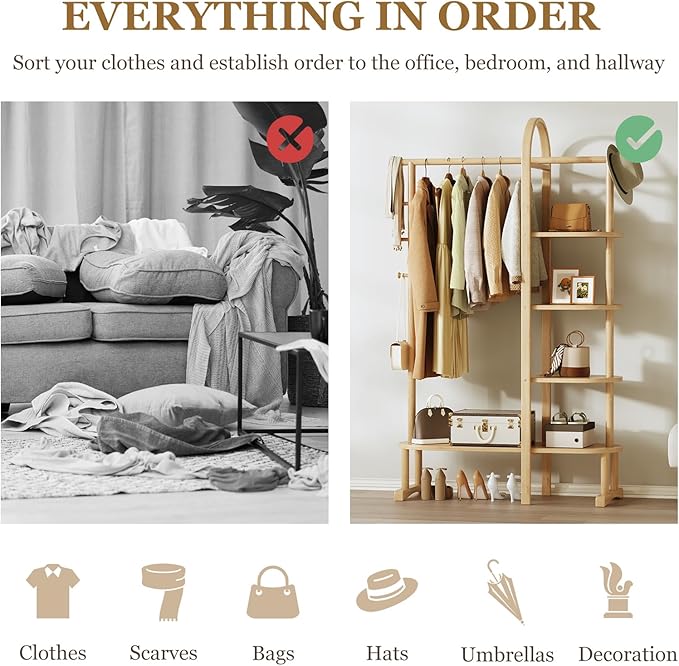 Solid Wood Clothing Rack with 4 Shelves Storage and 5 Wooden Hooks Clothes Rack,Multi-functional Coat Rack for Clothes, Shoes, Bags, Coat rack for Bedroom Entryway Living Room Hotel,Burlywood