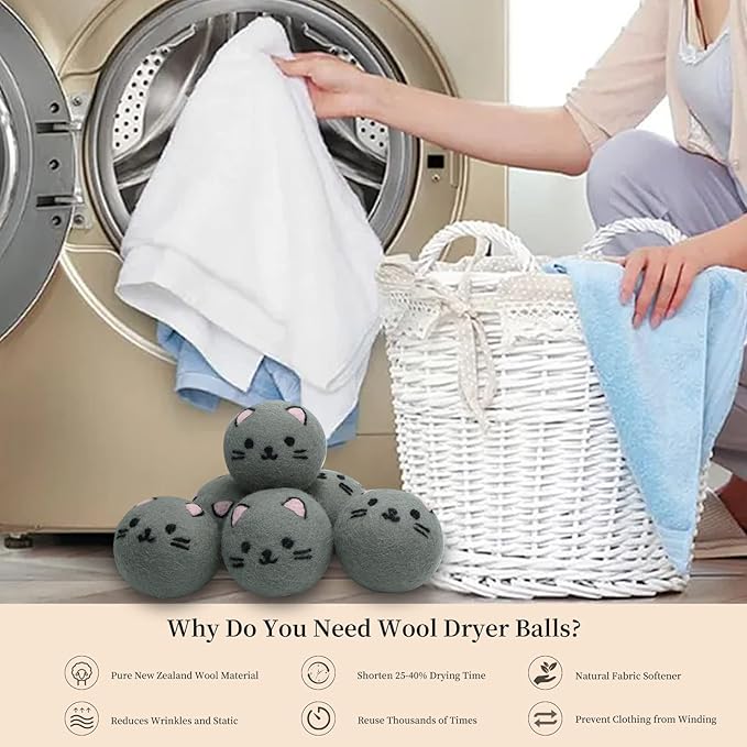 Dryer Balls Laundry Reusable - XL Wool Dryer Balls - Handmade Cute, Extra Large Dryer Balls, Shorten Drying Time, Organic Wool - Dry 1000+ Loads (Gray Cat)