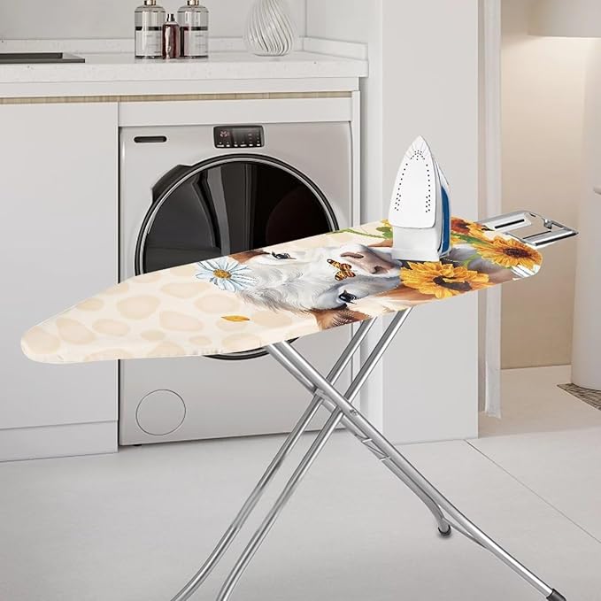 Sunflower Cow Ironing Board Cover and Pad Standard Full Size Iron Covers with Hook and Loop with Elastic Edge Scorch and Stain Resistant Thick Padding