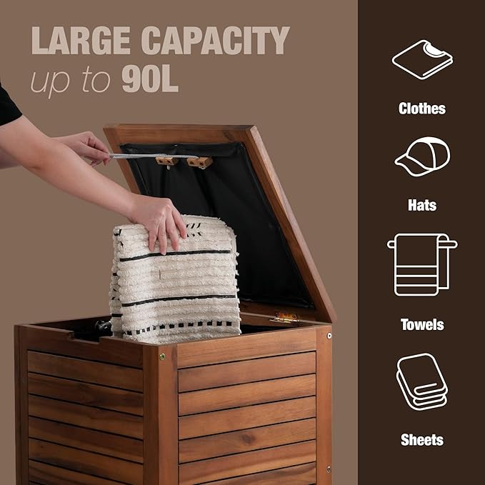 Wooden Laundry Hamper With Lid, Handles And Removable Liner Bag, Tall 90L - Large Wood Laundry Basket - Dirty Clothes Hamper For Bed Room Aesthetic, Bathroom, Laundry Room