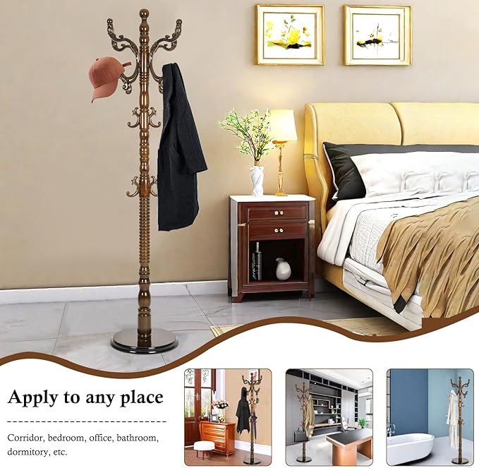 Coat Rack Stand, Solid Wooden Coat Tree with 14 Hooks, Heavy Duty Coat Rack Freestanding with Sturdy Round Base, Natural Birch Wood Coat Hanger Stand for Entryway Bedroom (Light Brown H9)