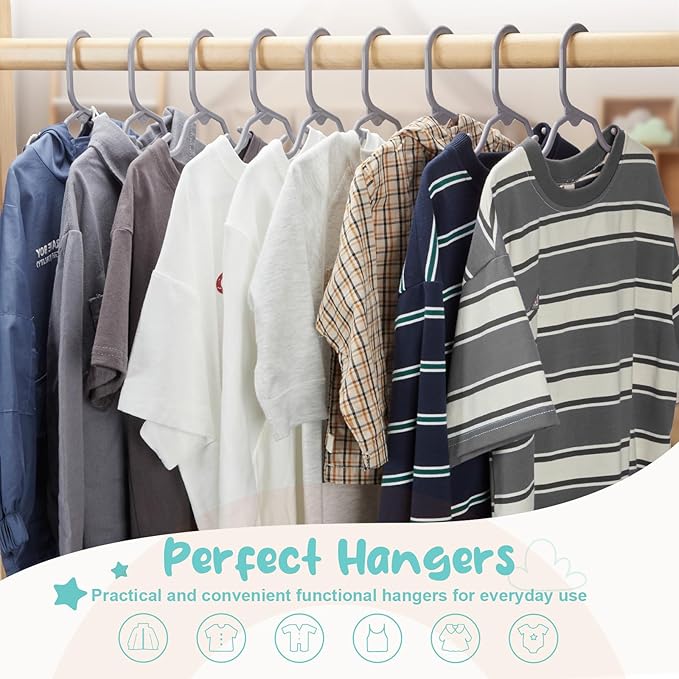 HOUSE DAY Premium Baby Hangers 60 Pack, 11 Inch Kids Plastic Hangers Grey, Slim Childrens Hanger for Infant, Toddler, Child Clothes, Non-Slip Sturdy and Durable Baby Clothes Hanger for Closet