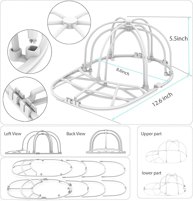 Hat Washer Cage for Washing Machine - Baseball Cap Cleaner Rack, Ball Cap Washing, Dishwasher Safe, Perfect for Cleaning and Protecting Hats in Dishwasher (White 1 Pack (Assembly))
