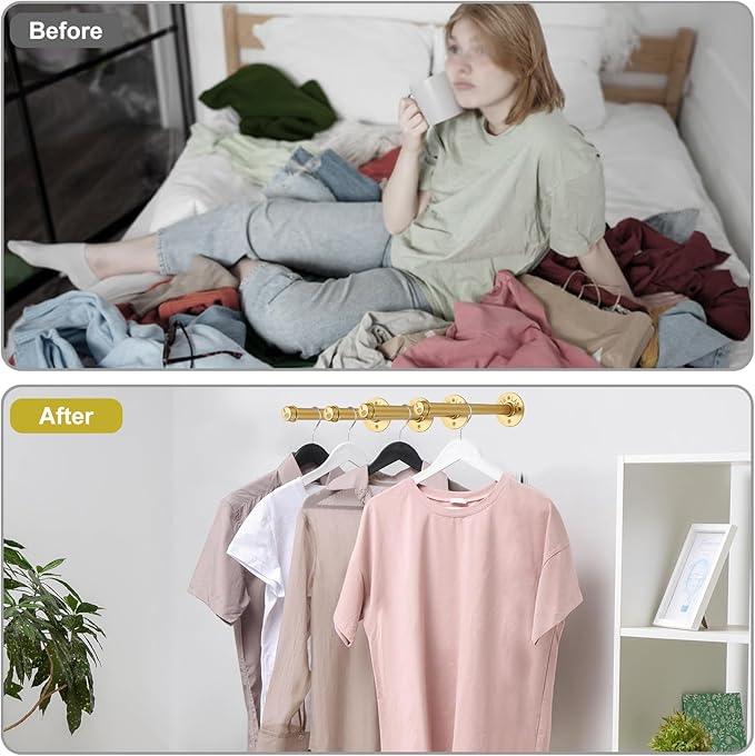 BTSKY 4 Pack Clothes Rack with Screws, 8 Inch Metal Industrial Pipe Clothes Bar for Hanging Clothes, Heavy Duty Wall Mounted Clothing Hanging Rod Shelving Brackets for Laundry Room Retail Store, Gold