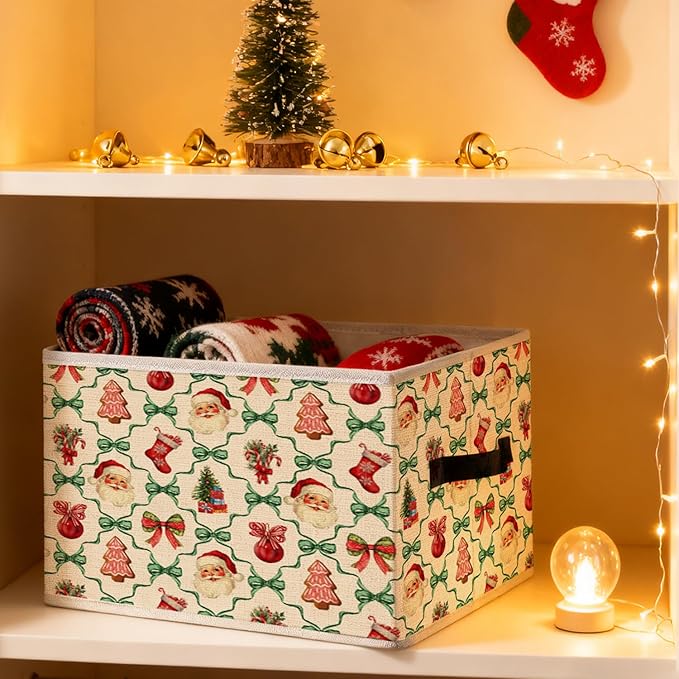 Red and Green Coquette Bow Santa Trellis Christmas Storage Bins, Gingerbread Stocking Tree Holiday Foldable Closet Organizers Storage Basket Toybox for Clothes Bed Sheets Blankets Toys