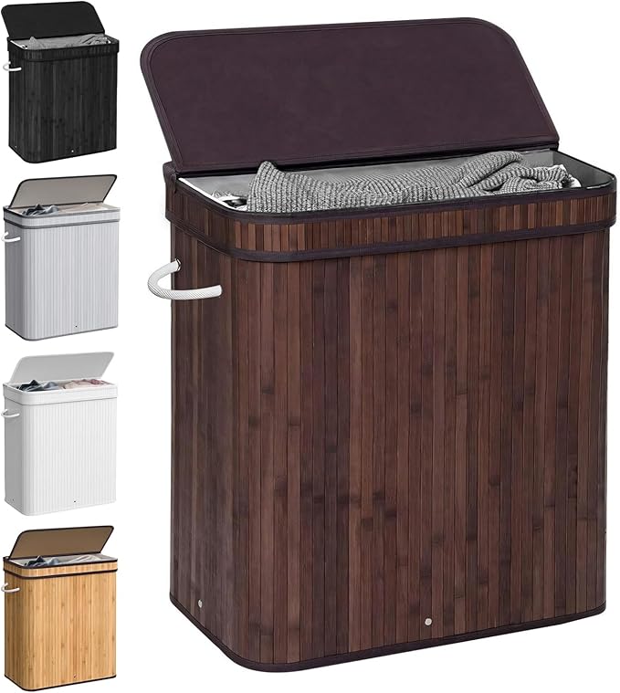 72L Laundry Hamper with Lid, Bamboo Laundry Basket with Removable Liner Bag, Foldable Clothes Hamper with Handles for Bedroom, Bathroom, Closet, Coffee