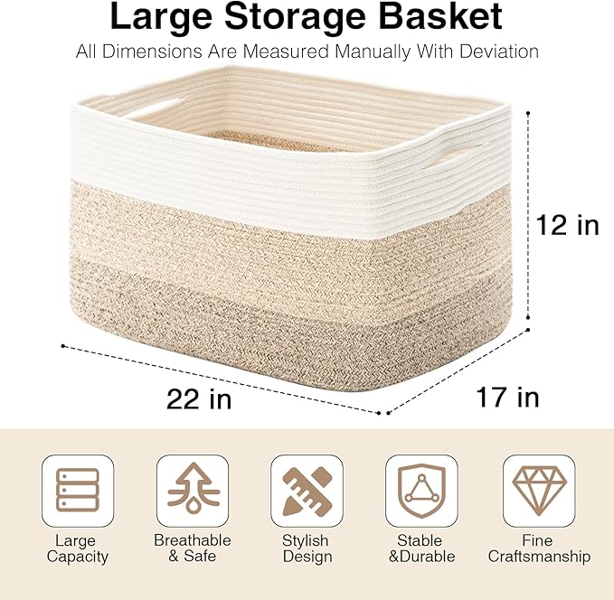 Large Blanket Basket Living Room, Storage Basket, Large Woven Baskets for Storage, Cotton Rope Baskets for Toys, 22”x17”x12”, Gradient Yellow, 75L