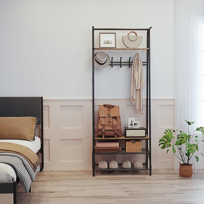 Coat Rack Shoe Bench with Single-Row 5 Hooks 60cm Width, 3-Tier Shelf Entryway Hall Tree with Storage, Metal Frame Multifunctional Organizer, 4-in-1 Coat Rack for Bathroom, Hallway.Grey.
