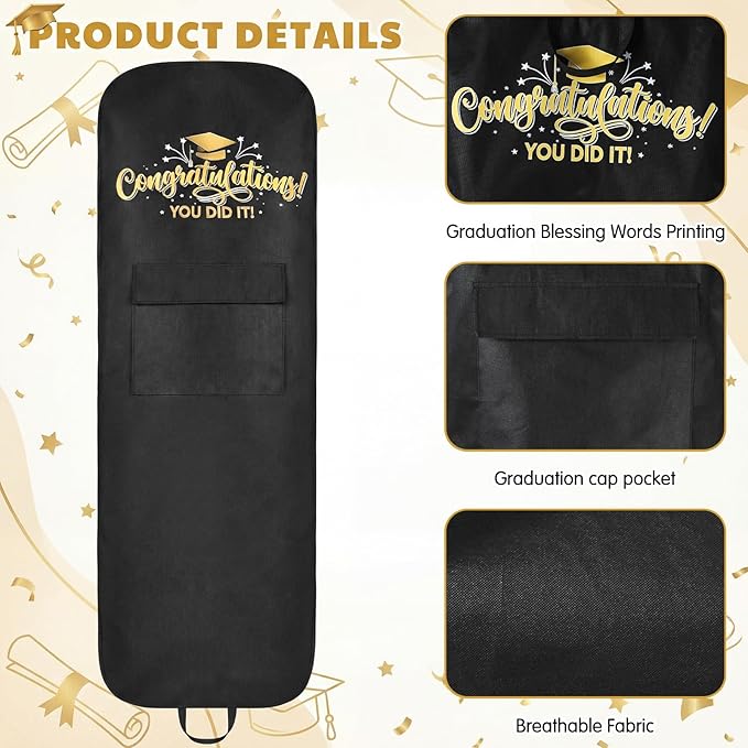 Abbylike 66''x24'' Graduation Academic Garment Bag with Handles and Cap Pocket Breathable Graduation Gown Bag Fabric Dress Bags for Hanging Gowns Long Closet Clothes Protectors, Black