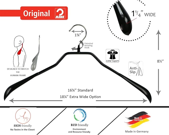 Mawa by Reston Lloyd BodyForm Series Non-Slip Space-Saving Extra Wide Clothes Hanger For Jackets, Suits & Coats, Style 46/L , Set of 6, Black