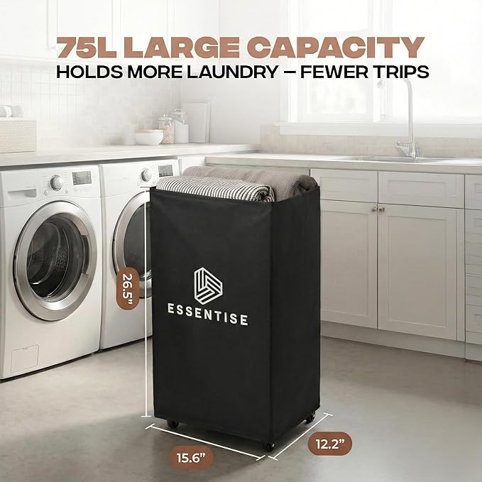 75L – Lockable Wheels Laundry Basket – Support Rods & Box Base – Tall Slim Laundry Hamper – Clothes Hamper – Rolling Cart on Wheels – Heavy Duty Black Laundry Basket – Bathroom, Bedroom & Dorm