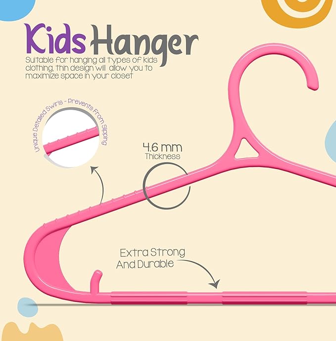Utopia Home Kids Hangers 20 Pack - 11 Inch Plastic Baby Hangers for Closet - Childrens Hanger for Clothes & Infant Hanger for Closet - Non-Slip Shoulder Grooves, Strap Hooks & Pants Bar (Pink)
