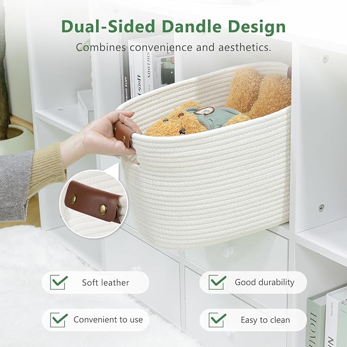 Cotton Rope Basket, Storage Baskets with Handle, 15x10x9 Inch Woven Basket for Shelves, Laundry, Towels, Clothes, Books (White 3Pack)
