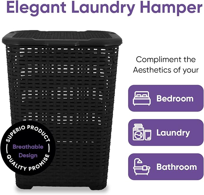 Plastic Laundry Hamper with Lid Laundry Hamper Basket, Black Tall Cloths Hamper Organizer with Cut-out Handles. Space Saving for Laundry Room Bedroom Bathroom, Wicker Design 60 Liter