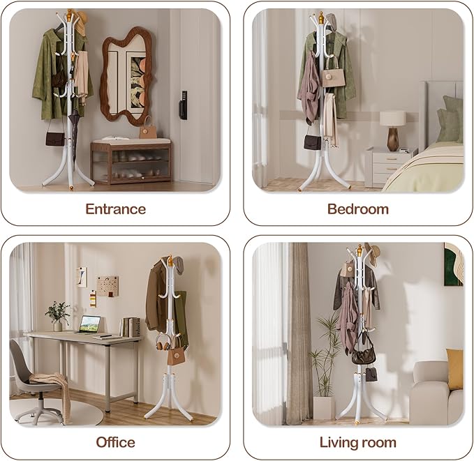 Free-Standing Coat Rack Metal Stand Hanger 12-Hooks Organizer, Hall Tree Entry-Way Furniture for Hanging Up Jacket, Hand-Bag, Cloth, Hat, Winter Scarf Holder for Home or Office Floor White
