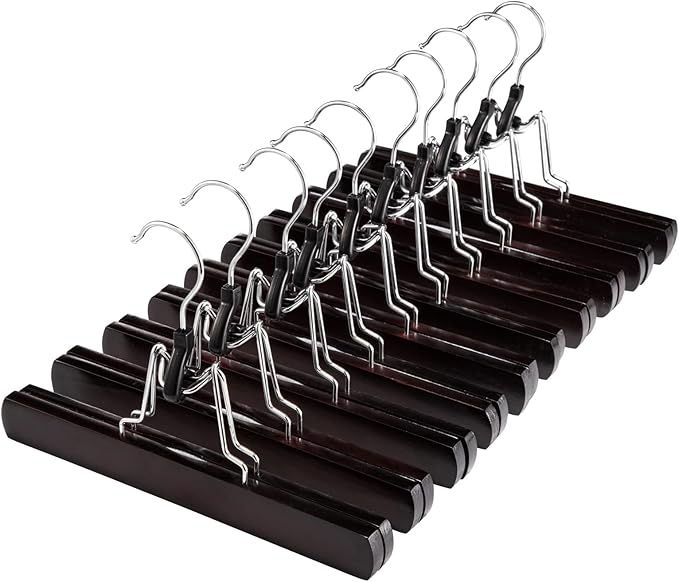 HOUSE DAY Wooden Pants Hangers 10 Pack, Non Slip Wood Skirt Hangers, Wood Jeans/Slack Hanger with 360° Swivel Hook, Clamp Hanger for Skirts, Slacks