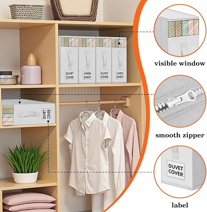 WOWBOX Sheet Organizers and Storage,Closet Bed Sheet Organizer Under Bed Storage and Organization with Label Cards & Clear Window for Bedding Sheets,Duvet Covers,Blankets (8 Pack，White)