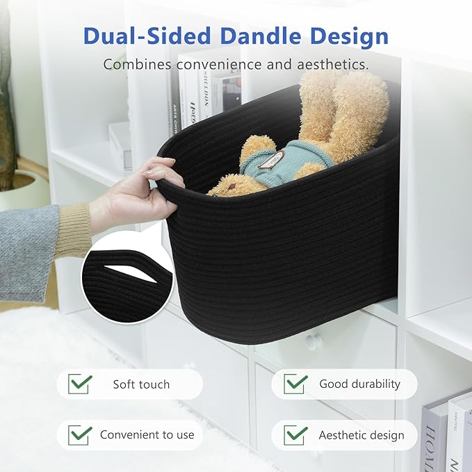 Cotton Rope Storage Basket, 15x10x9 Inches, Woven Basket for Shelves, Clothes, Towels, Books, and Laundry, Black (3 Pack)