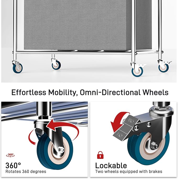 Commercial Laundry Cart with Wheels, 440 lbs Heavy Duty Industrial Laundry Cart with Sturdy Frame and Oxford Bag for Home Hotel Hospital, Rolling Laundry Cart for Home & Hotel, 400L(Grey)
