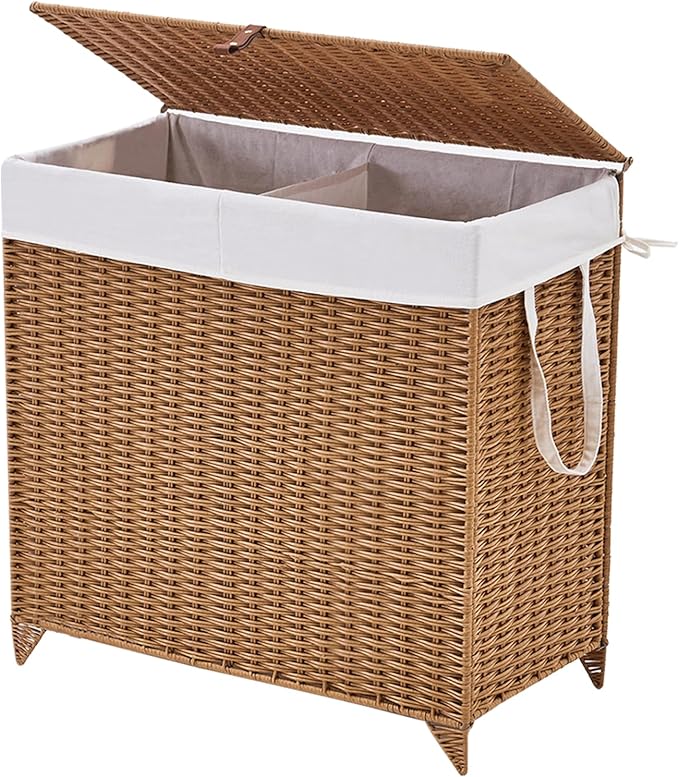 Handwoven Laundry Hamper with Lid, Natural Hyacinth Heightened Feet Laundry Basket, Wicker Clothes Hamper with Removable Liner Bag (Wicker, 120L)