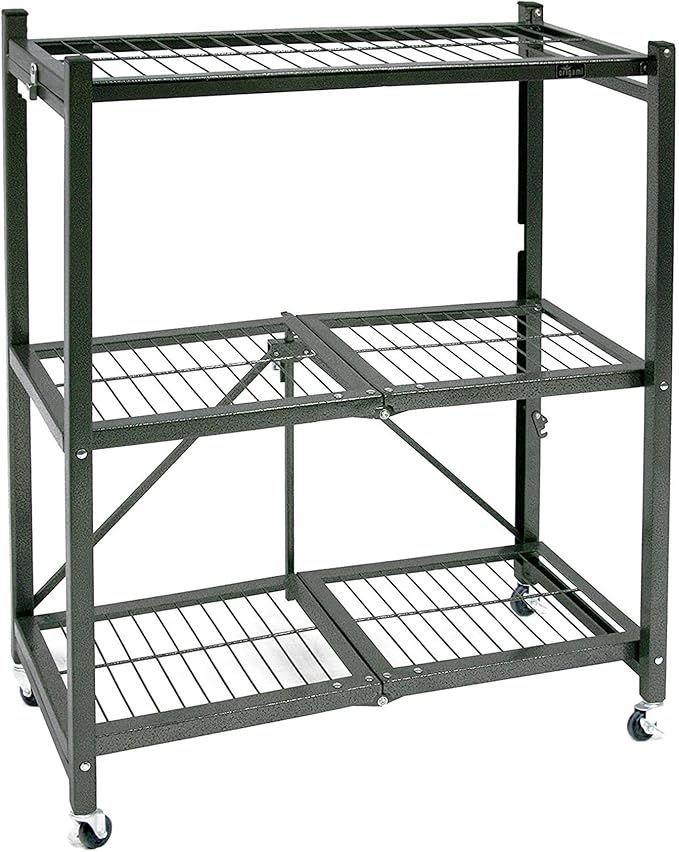 Origami 4-Pack R3 Storage Rack, 3-Tier Heavy-Duty Foldable Steel Shelf with Wheels, Pewter