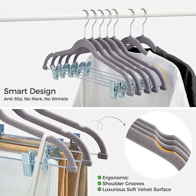 HOUSE DAY Velvet Hangers with Adjustable Clips 30 Pack, Non-Slip Suit Organizer with 360° Hook - Heavy Duty Hanger for Pants, Skirts, Blouses, Dresses - Outfit Hangers All-Season Space Saver (Grey)