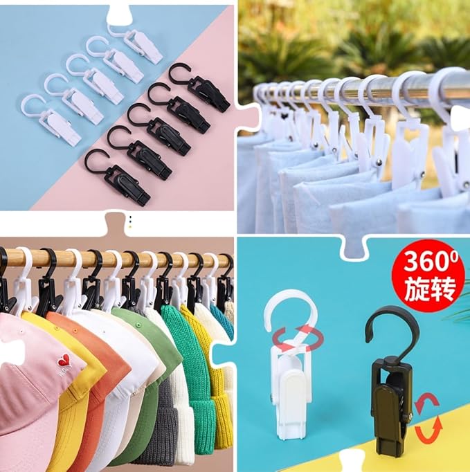 10 PCS Laundry Hooks with Clips，Clothes pins，360° Rotating Hook Clips, Hangers Clip Socks Curtain Towels Bathroom Closet Kitchen Office (Black and White)