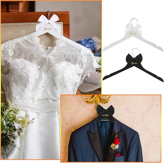 3 Pcs Bride and Groom Hangers for Dress Suit with Clips Wedding Wooden Hanger with Bow Tie for Mr and Mrs Shirt Tuxedo Suit Bridal Wedding Gift Bridesmaid Party Shower (Black,White)