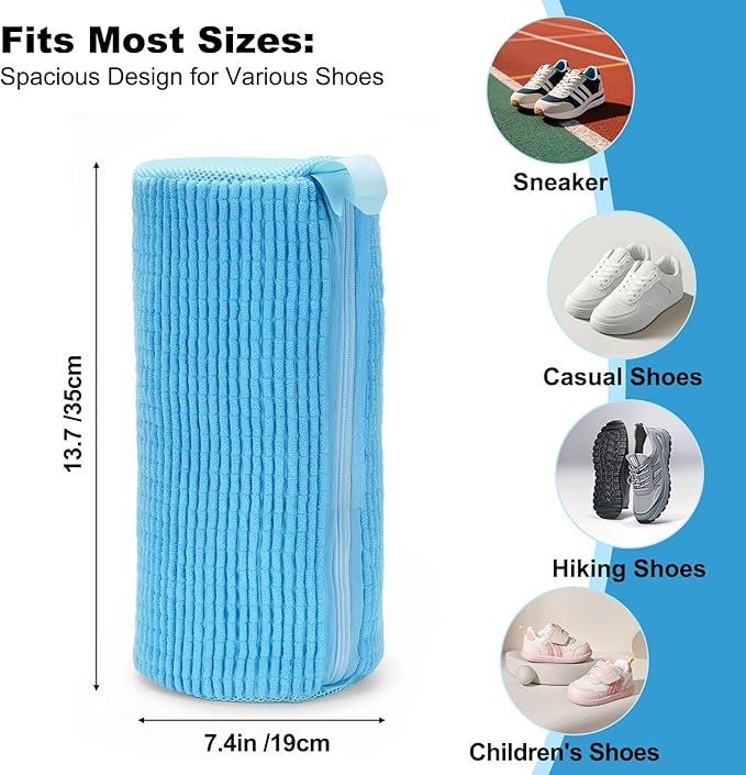 Shoe Washing Machine Bag - Shoe Laundry Bag for Washer and Dryer, Reusable 2 Pack, 360° Deep Cleaning, Self-Locking Zipper, Fits All Sneakers & Tennis Shoes - Blue