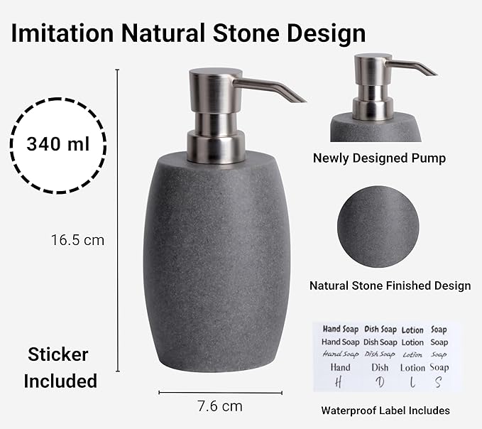 Sandstone Textured Resin Soap Dispenser with Metallic Pump and Waterproof Bottle Labels for Bathroom Kitchen Dish Hand Wash Shower Lotion Shampoo, 12 Oz, 2 Sets Gray