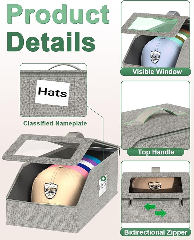 Stackable Hat Organzier for Baseball Caps - 2 PCS Hat Storage Holder Holds up to 26 Caps for Closet, Dust-Proof Hat Boxes Container with Clear Window for Home