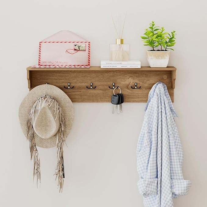Giantex Coat Rack Wall Mount, 31.5" Wooden Coat Hooks with Shelf, Wall Clothes Rack w/ 6 Dual Hooks for Hats Towels Purses Robes, Floating Display Shelf for Living Room Bedroom Entryway, Natural