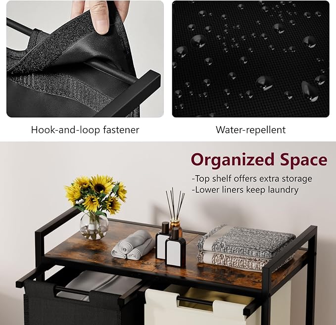 Double Compartment Laundry Basket, Laundry Sorter with Top Shelf, 2 Removable Washable Bags, Side Pockets, Black & White
